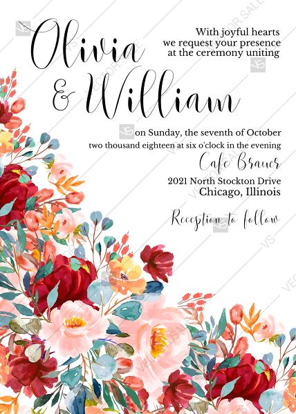 Wedding - Wedding invitation set marsala pink peony maroon rose watercolor greenery PDF 5x7 in PDF download