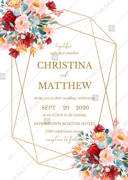 زفاف - Wedding invitation set marsala pink peony rose watercolor greenery gold frame PDF 5x7 in invitation editor