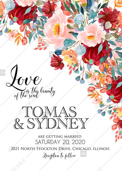 زفاف - Wedding invitation set marsala pink peony rose wreath watercolor greenery PDF 5x7 in PDF template