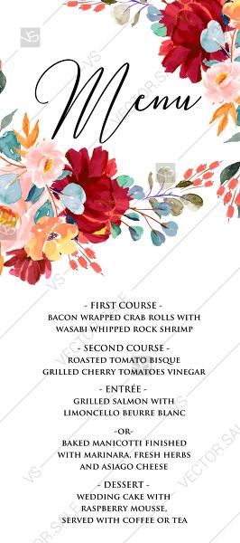 Hochzeit - Menu wedding invitation set marsala pink peony rose watercolor greenery PDF 4x9 in edit online