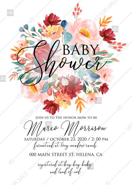 Wedding - Baby shower wedding invitation set marsala pink peony rose watercolor greenery PDF 5x7 in customize online
