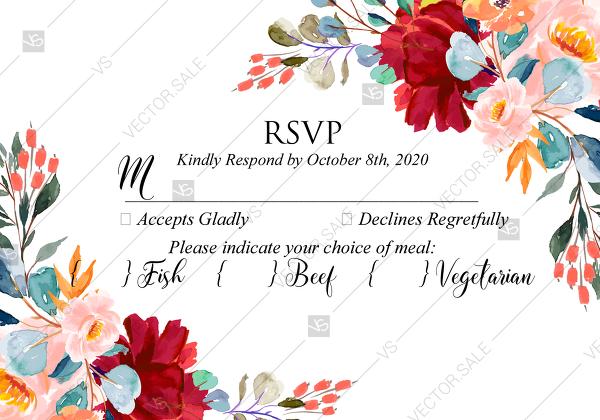 Wedding - RSVPwedding invitation set marsala pink peony rose watercolor greenery PDF 5x3.5 in edit template