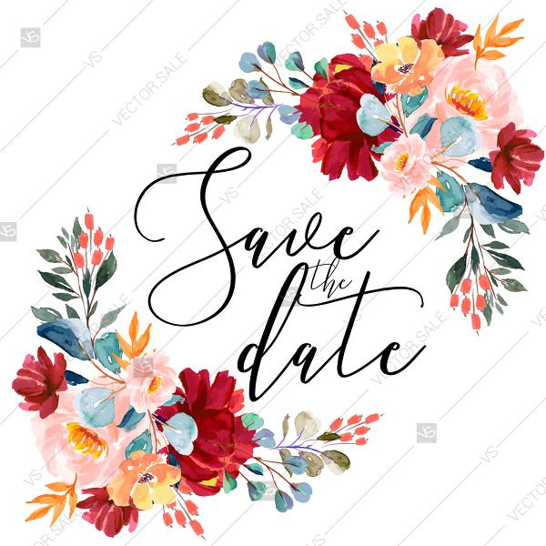 زفاف - Save the date card wedding invitation set marsala pink peony rose watercolor greenery PDF 5.25x5.25 in customizable template