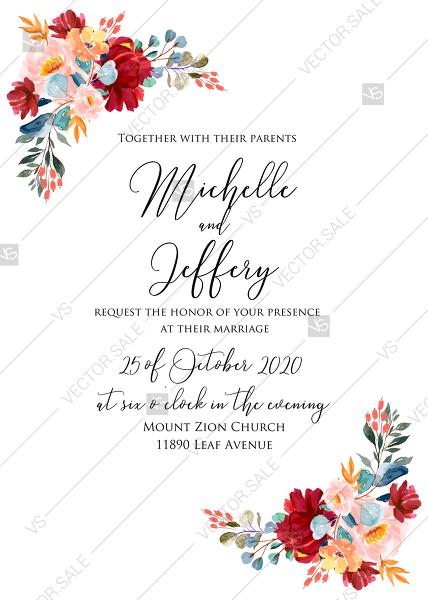 Wedding - Wedding invitation set marsala pink peony rose watercolor greenery PDF 5x7 in instant maker