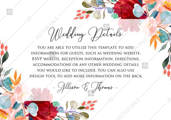 Wedding - Wedding details card invitation set marsala pink peony rose watercolor greenery PDF 5x3.5 in create online