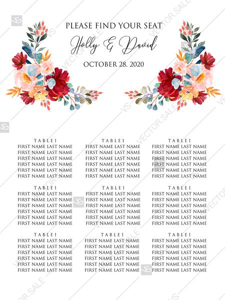 Hochzeit - Seating chart wedding invitation set marsala pink peony rose watercolor greenery PDF 18x24 in online editor