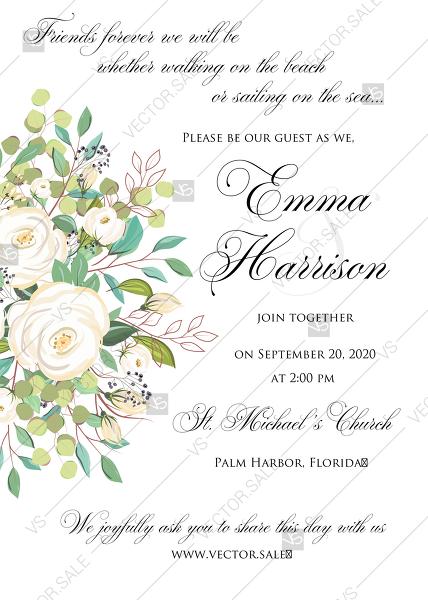 Hochzeit - Wedding invitation set white rose peony herbal greenery template PDF 5x7 in