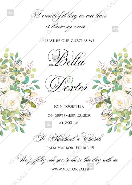 Wedding - Wedding invitation set white rose peony marriage herbal greenery PDF 5x7 in invitation maker
