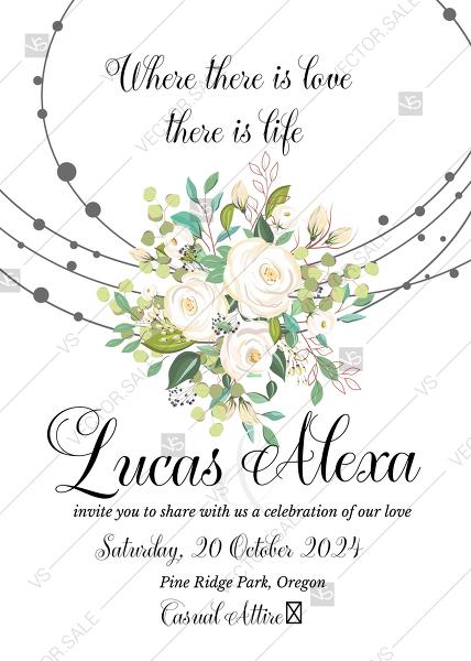 Mariage - Wedding invitation set white rose peony baptism herbal greenery PDF 5x7 in personalized invitation