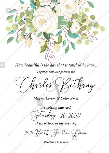 Hochzeit - Wedding invitation set white rose peony herbal christening greenery PDF 5x7 in customize online