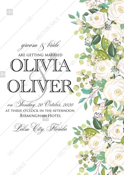 Hochzeit - Wedding invitation set white rose peony wreath herbal greenery PDF 5x7 in online maker