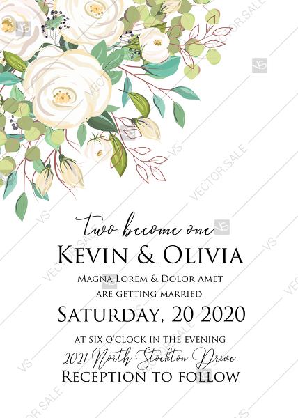 Hochzeit - Wedding invitation set soft white rose peony herbal greenery PDF 5x7 in PDF template