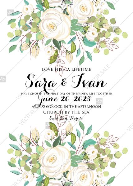 Wedding - Wedding invitation set white flower rose peony herbal greenery PDF 5x7 in customizable template