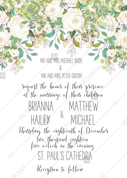 زفاف - Wedding invitation set white wreath of rose peony herbal greenery PDF 5x7 in online maker