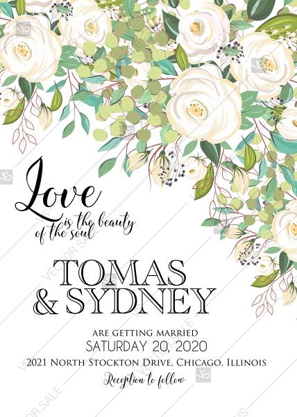 Mariage - Wedding invitation set white rose peony herbal greenery what to write in wedding card PDF 5x7 in PDF template
