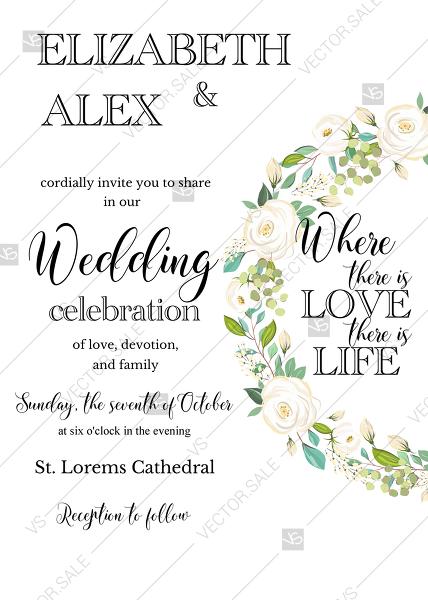 Hochzeit - Wedding invitation set white rose peony herbal greenery trend 2019 PDF 5x7 in personalized invitation