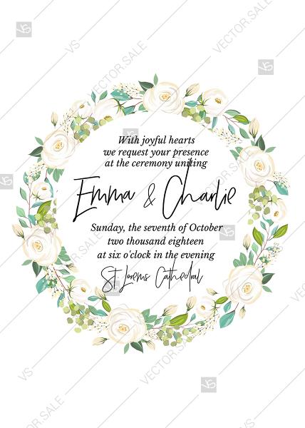 زفاف - Wedding invitation set white circle wreath rose peony herbal greenery PDF 5x7 in edit template