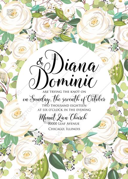 Hochzeit - Wedding invitation background set white rose peony herbal greenery PDF 5x7 in customizable template