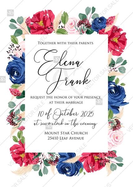 Hochzeit - Wedding invitation set watercolor navy blue rose marsala dark red peony pink anemone wreath greenery PDF 5x7 in invitation maker