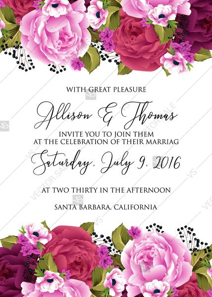 Wedding - Wedding invitation set pink marsala red peony anemone PDF 5x7 in