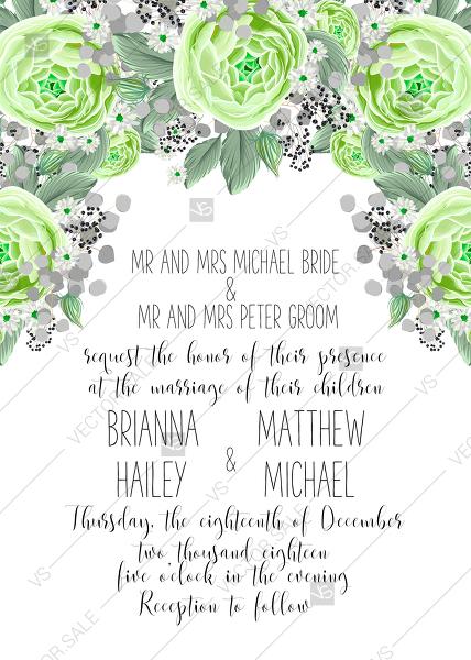 زفاف - Wedding invitation set green rose ranunculus camomile eucalyptus PDF 5x7 in edit template