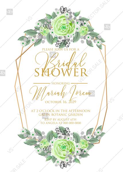 Wedding - Bridal shower wedding invitation set green rose ranunculus camomile eucalyptus PDF 5x7 in PDF download