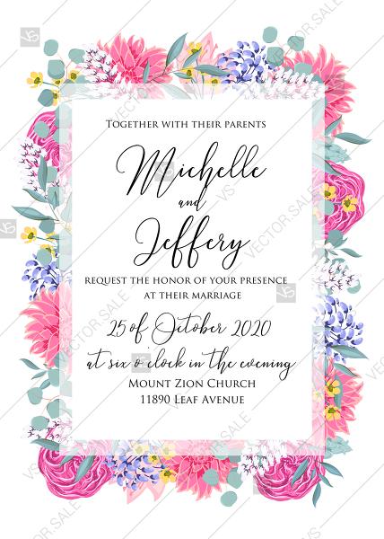 Hochzeit - Wedding invitation set watercolor pink peony rose chrysanthemum dahlia PDF 5x7 in online editor