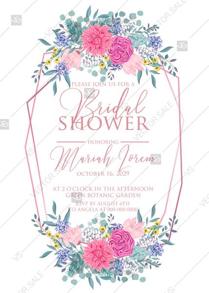 Hochzeit - Bridal shower wedding invitation set watercolor pink peony rose chrysanthemum dahlia PDF 5x7 in PDF download