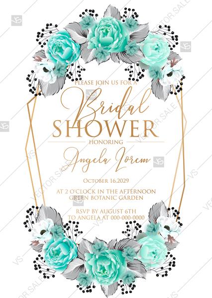 Свадьба - Bridal shower wedding invitation set blue mint rose peony printable card template PDF 5x7 in online maker