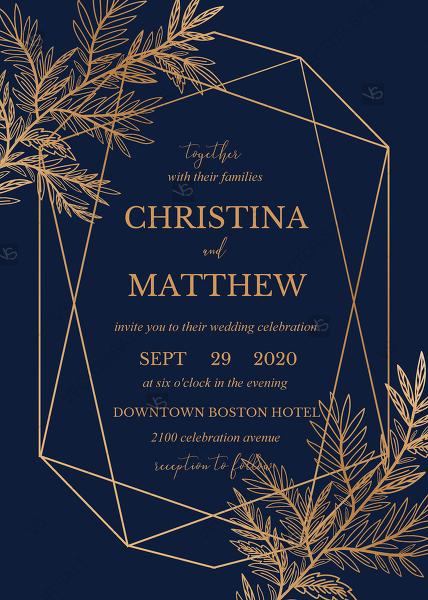 Hochzeit - Wedding invitation cards embossing gold foil herbal greenery navy blue PDF 5x7 in