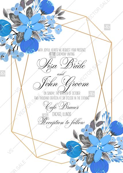 Mariage - Wedding invitation card template blue floral anemone PDF 5x7 in
