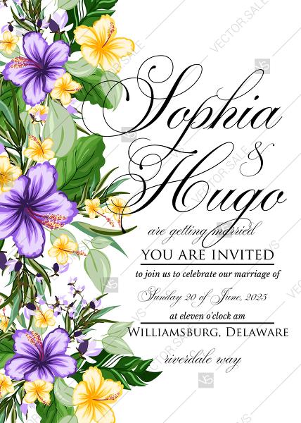 زفاف - Wedding invitation set tropical violet yellow hibiscus flower palm leaves PDF 5x7 in PDF template