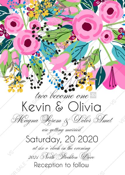 Wedding - Wedding invitation set pink tulip peony card template PDF 5x7 in invitation maker