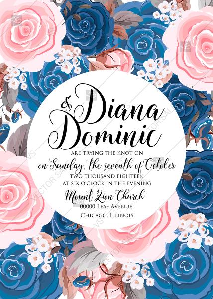 Mariage - Wedding invitation pink navy blue rose peony ranunculus floral card template PDF 5x7 in create online