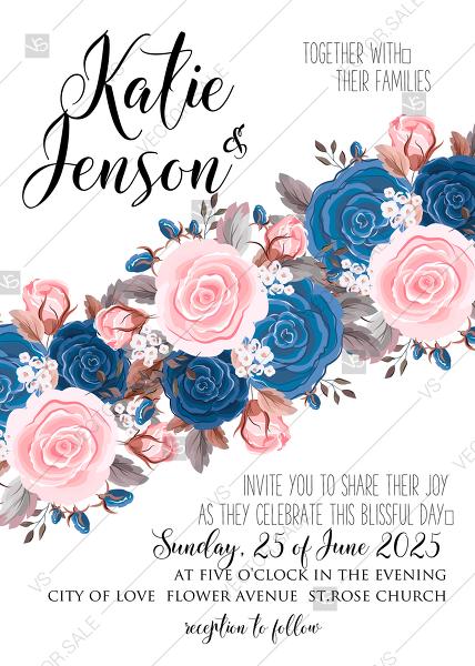 زفاف - Wedding invitation pink navy blue rose peony ranunculus floral card template PDF 5x7 in invitation editor