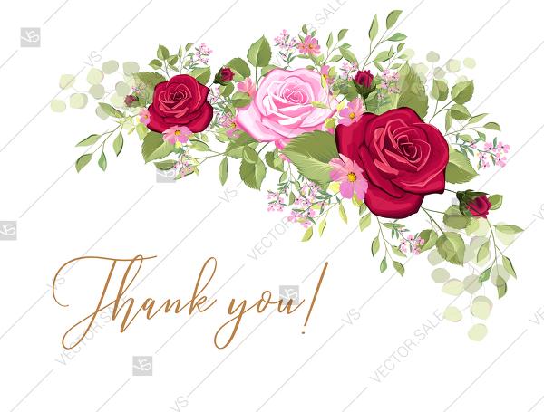 زفاف - Thank you wedding invitation set red pink rose greenery wreath card template PDF 5.6x4.25 in online maker