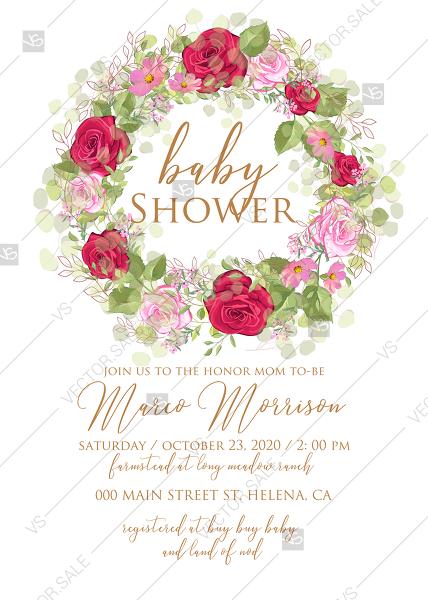 Hochzeit - Baby shower wedding invitation set red pink rose greenery wreath card template PDF 5x7 in invitation maker