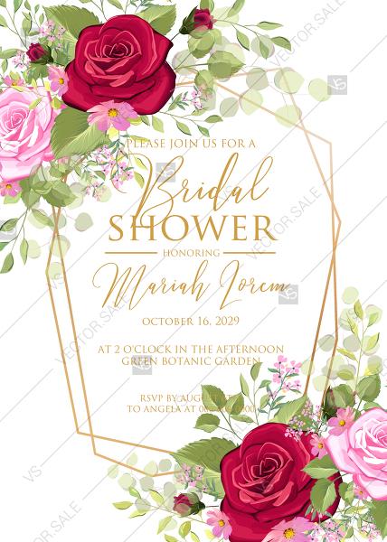 Wedding - Bridal shower wedding invitation set red pink rose greenery wreath card template PDF 5x7 in invitation editor