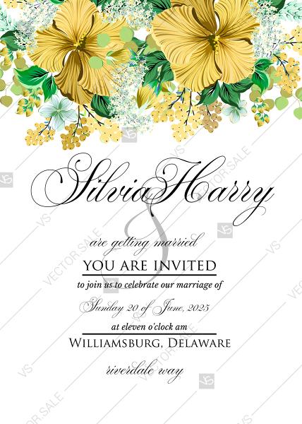 Wedding - Wedding invitation set yellow lemon hibiscus tropical flower hawaii aloha luau PDF 5x7 in