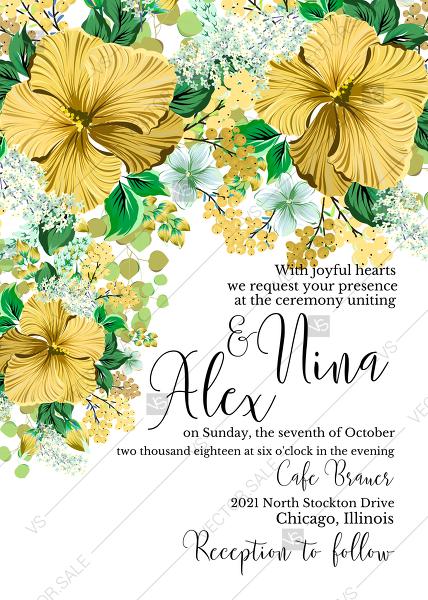 Wedding - Wedding invitation set yellow lemon hibiscus tropical flower hawaii aloha luau PDF 5x7 in online maker