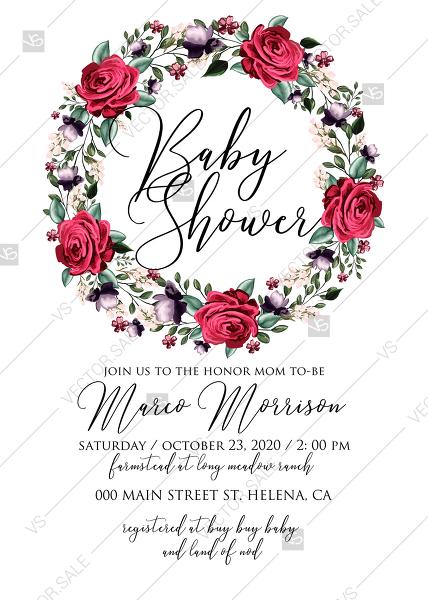 Свадьба - Baby shower wedding invitation set watercolor marsala red burgundy rose peony greenery PDF 5x7 in invitation maker