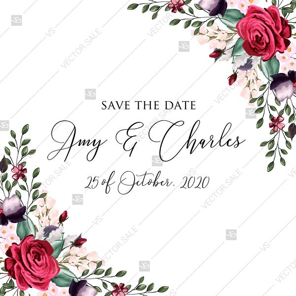 Mariage - Wedding save the date invitation set watercolor marsala red burgundy rose peony greenery PDF 5.25x5.25 in edit online