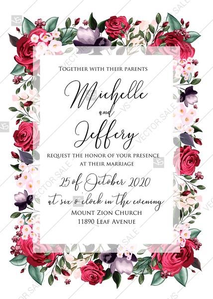 Hochzeit - Wedding invitation set watercolor marsala red burgundy rose peony greenery PDF 5x7 in wedding invitation maker