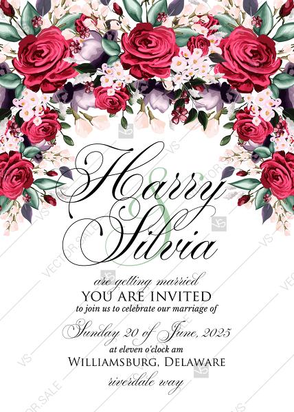 زفاف - Christmas party wedding invitation set watercolor marsala red burgundy rose peony greenery PDF 5x7 in instant maker edit template