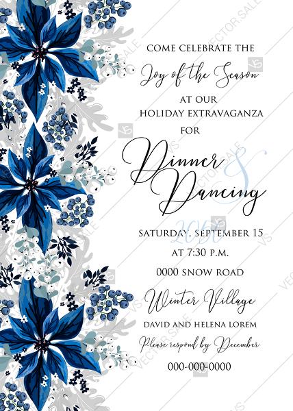 Mariage - Christmas party wedding invitation set poinsettia navy blue winter flower berry PDF 5x7 in invitation editor