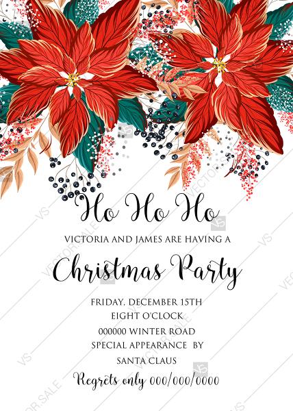Wedding - Poinsettia Christmas Party Invitation Noel Card Template PDF 5x7 in