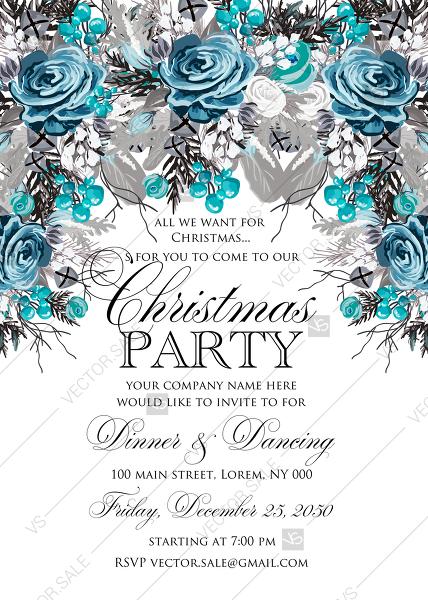 زفاف - Christmas party Invitation winter wedding invitation Blue rose fir edit template