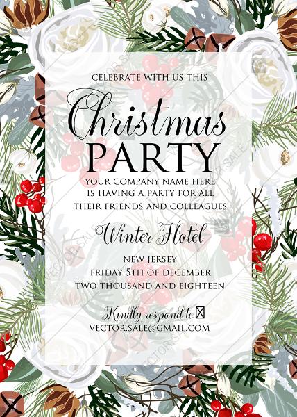 Wedding - Merry Christmas Party Invitation winter floral wreath fir white rose red berry PDF 5x7 in create online