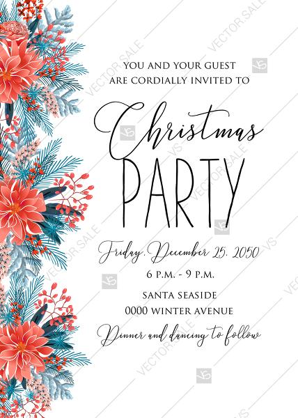 Wedding - Red poinsettia Merry Christmas Party Invitation needles fir floral greeting card noel PDF 5x7 in PDF download
