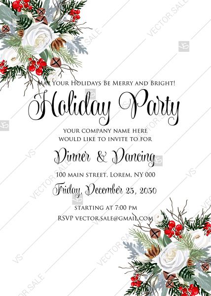 Wedding - Merry Christmas Party Invitation winter floral wreath fir white rose red berry PDF 5x7 in PDF download